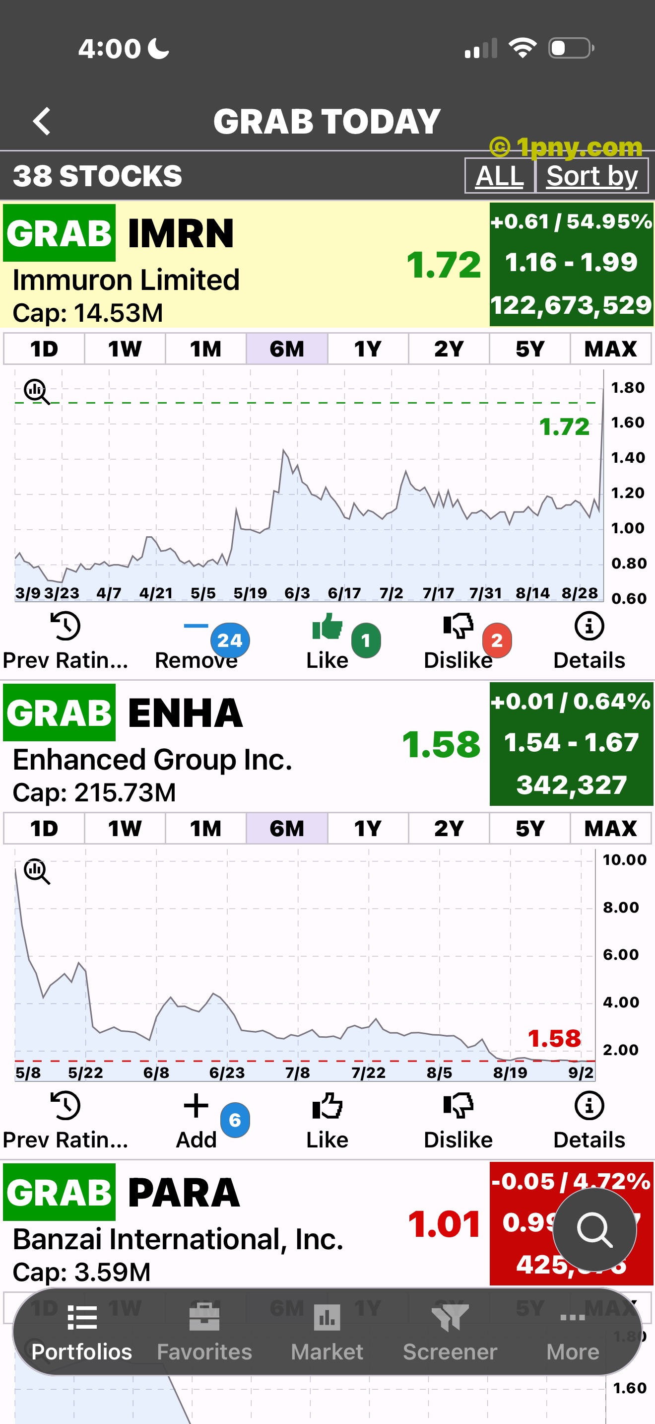 Saved PennyGems stock highlighted with Remove available