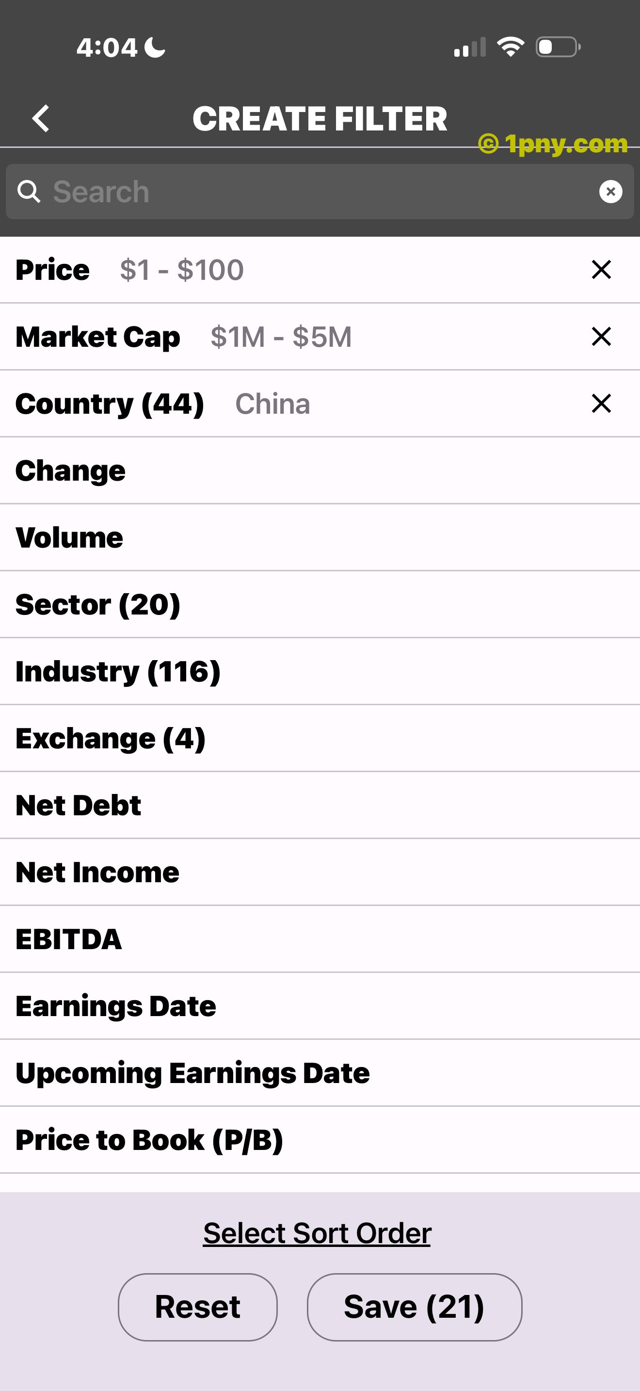 PennyGems screener with price, market cap, and country criteria