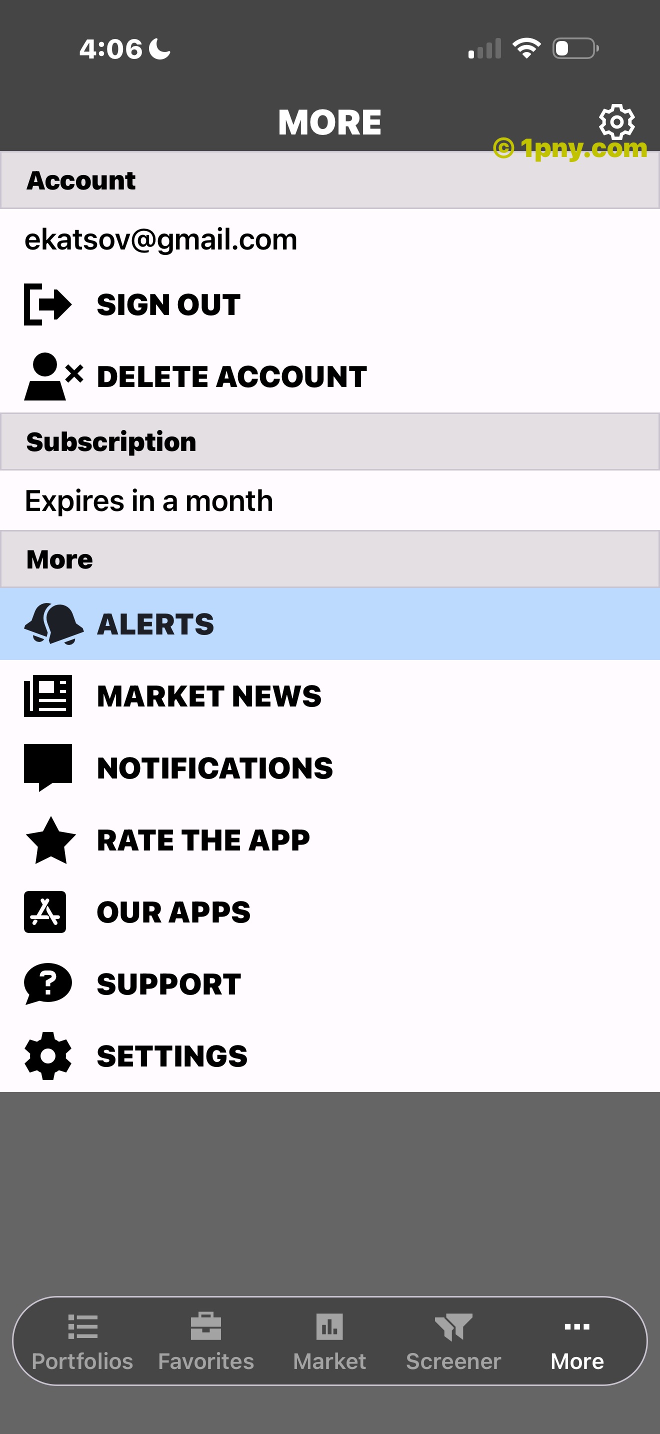 PennyGems More menu with account and support options