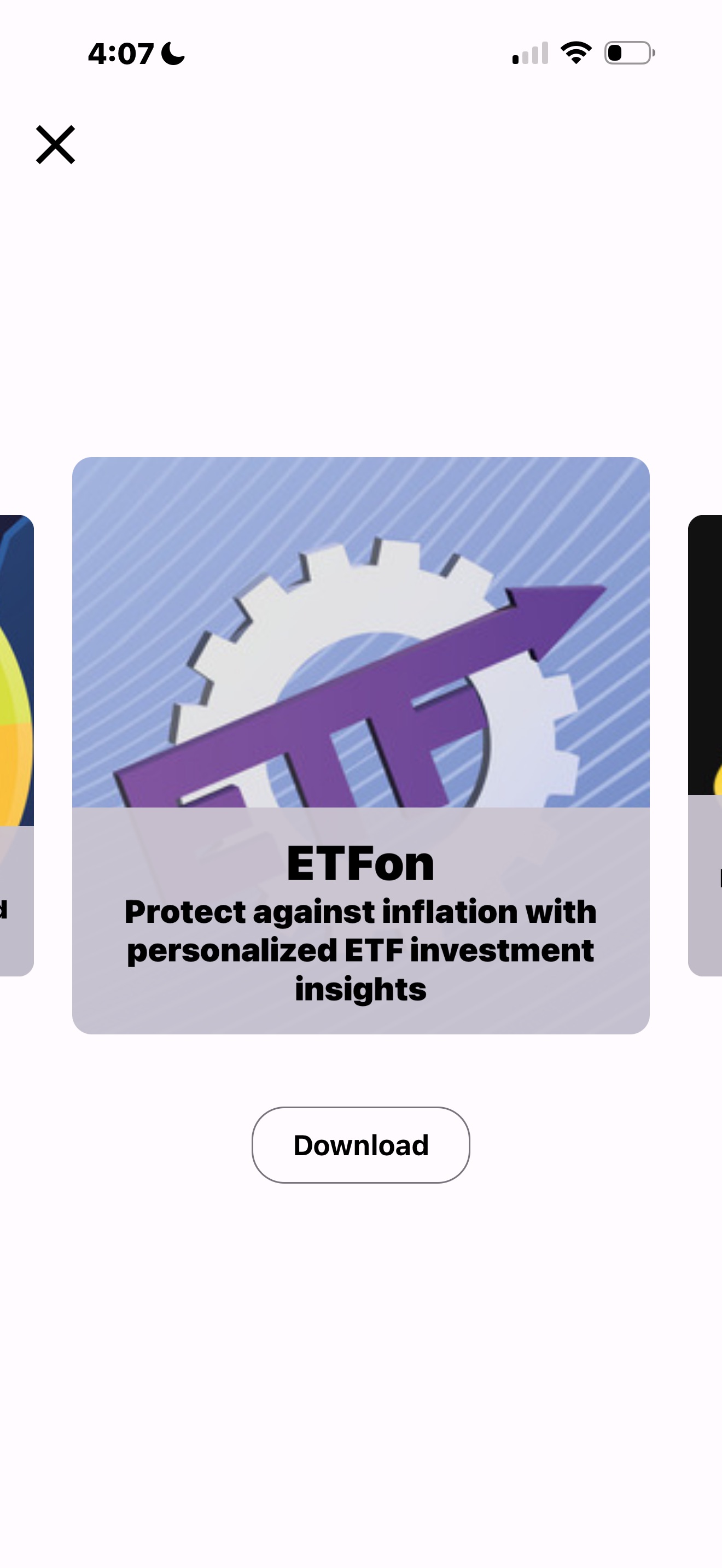 PennyGems Our Apps carousel showing ETFon