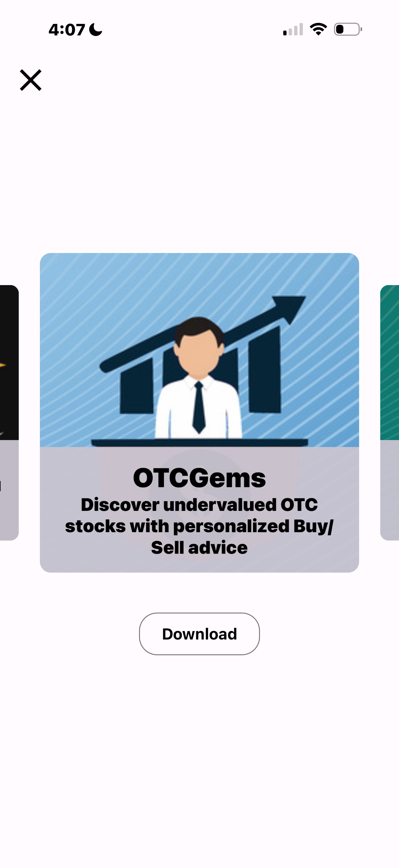PennyGems Our Apps carousel showing OTCGems