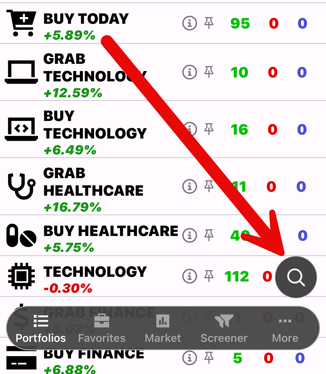 Red arrow showing the stock search magnifier at the lower right of the PennyGems screen